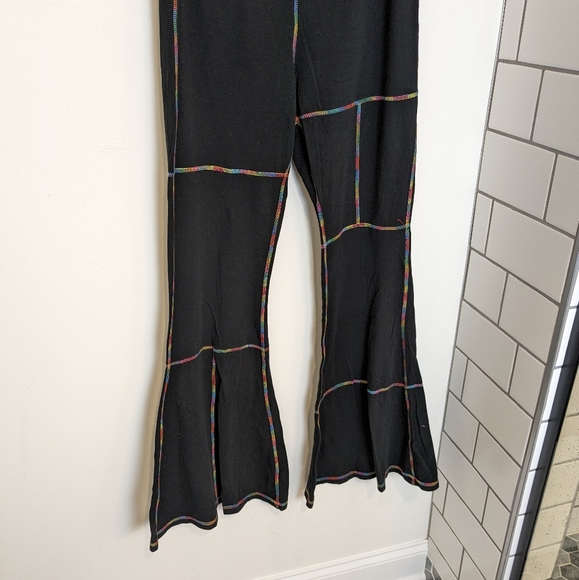 Hot Topic Black Multicolored Stitching Wide Flare Bell Bottom Pull On Pants - Picture 3 of 5